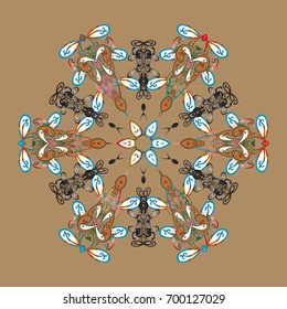 Vector illustration. Abstract mandala or whimsical snowflake line art design. Isolated cute snowflakes on colorful background.