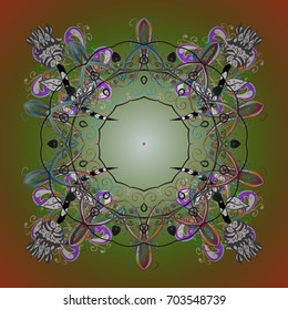 Vector illustration. Abstract mandala or whimsical snowflake line art design. Isolated cute snowflakes on colorful background.