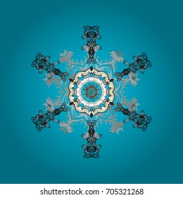Vector illustration. Abstract mandala or whimsical snowflake line art design. Isolated cute snowflakes on colorful background.