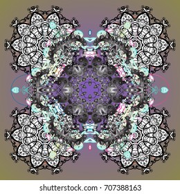Vector illustration. Abstract mandala or whimsical snowflake line art design. Isolated cute snowflakes on colorful background.