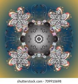 Vector illustration. Abstract mandala or whimsical snowflake line art design. Isolated cute snowflakes on colorful background.