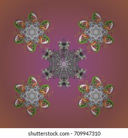 Vector illustration. Abstract mandala or whimsical snowflake line art design. Isolated cute snowflakes on colorful background.