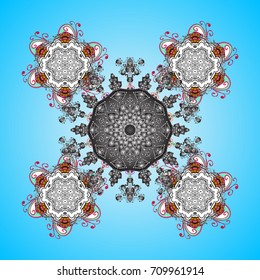 Vector illustration. Abstract mandala or whimsical snowflake line art design. Isolated cute snowflakes on colorful background.