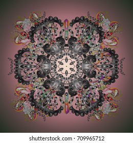 Vector illustration. Abstract mandala or whimsical snowflake line art design. Isolated cute snowflakes on colorful background.