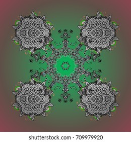 Vector illustration. Abstract mandala or whimsical snowflake line art design. Isolated cute snowflakes on colorful background.