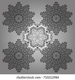 Vector illustration. Abstract mandala or whimsical snowflake line art design. Isolated cute snowflakes on colorful background.