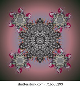 Vector illustration. Abstract mandala or whimsical snowflake line art design. Isolated cute snowflakes on colorful background.