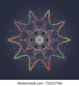 Vector illustration. Abstract mandala or whimsical snowflake line art design. Isolated cute snowflakes on colorful background.