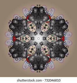Vector illustration. Abstract mandala or whimsical snowflake line art design. Isolated cute snowflakes on background.