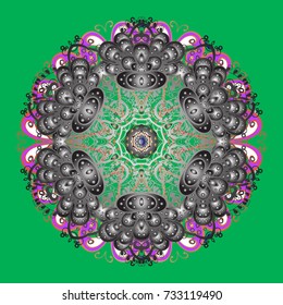 Vector illustration. Abstract mandala or whimsical snowflake line art design. Isolated cute snowflakes on colorful background.