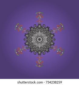 Vector illustration. Abstract mandala or whimsical snowflake line art design. Isolated cute snowflakes on colorful background.
