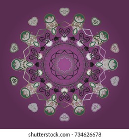 Vector illustration. Abstract mandala or whimsical snowflake line art design. Isolated cute snowflakes on colorful background.