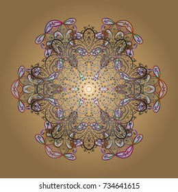 Vector illustration. Abstract mandala or whimsical snowflake line art design. Isolated cute snowflakes on colorful background.