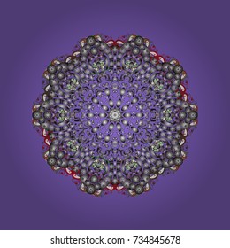Vector illustration. Abstract mandala or whimsical snowflake line art design. Isolated cute snowflakes on colorful background.