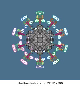 Vector illustration. Abstract mandala or whimsical snowflake line art design. Isolated cute snowflakes on colorful background.
