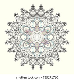 Vector illustration. Abstract mandala or whimsical snowflake line art design. Isolated cute snowflakes on colorful background.
