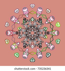 Vector illustration. Abstract mandala or whimsical snowflake line art design. Isolated cute snowflakes on colorful background.