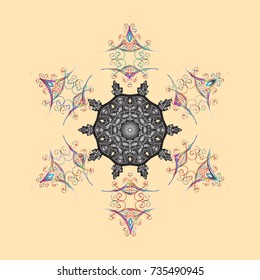 Vector illustration. Abstract mandala or whimsical snowflake line art design. Isolated cute snowflakes on colorful background.