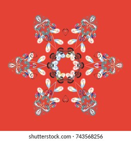 Vector illustration. Abstract mandala or whimsical snowflake line art design. Isolated cute snowflakes on colorful background.
