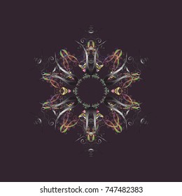 Vector illustration. Abstract mandala or whimsical snowflake line art design. Isolated cute snowflakes on colorful background.