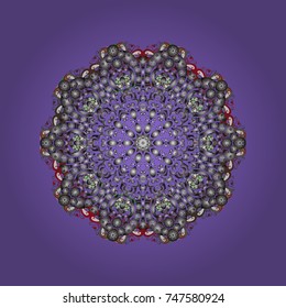 Vector illustration. Abstract mandala or whimsical snowflake line art design. Isolated cute snowflakes on colorful background.