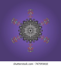 Vector illustration. Abstract mandala or whimsical snowflake line art design. Isolated cute snowflakes on colorful background.