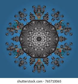 Vector illustration. Abstract mandala or whimsical snowflake line art design. Isolated cute snowflakes on colorful background.