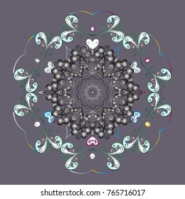 Vector illustration. Abstract mandala or whimsical snowflake line art design. Isolated cute snowflakes on colorful background.