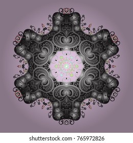 Vector illustration. Abstract mandala or whimsical snowflake line art design. Isolated cute snowflakes on colorful background.