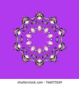Vector illustration. Abstract mandala or whimsical snowflake line art design. Isolated cute snowflakes on colorful background.