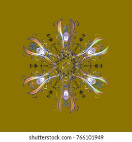 Vector illustration. Abstract mandala or whimsical snowflake line art design. Isolated cute snowflakes on colorful background.
