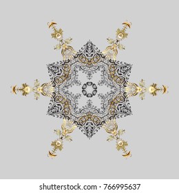 Vector illustration. Abstract mandala or whimsical snowflake line art design. Isolated cute snowflakes on colorful background.