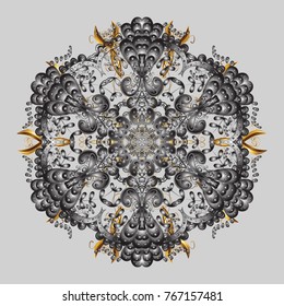Vector illustration. Abstract mandala or whimsical snowflake line art design. Isolated cute snowflakes on colorful background.