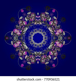 Vector illustration. Abstract mandala or whimsical snowflake line art design. Isolated cute snowflakes on colorful background.