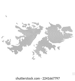 Ilustración vectorial del mapa abstracto de las Islas Falkland con líneas espirales aisladas sobre fondo transparente (PNG).