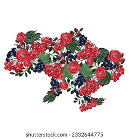 Vector illustration with abstract map of Ukraine. Red viburnum, currant and roses of Ukraine on the map of Ukraine as a symbol of country. Glory Ukraine!