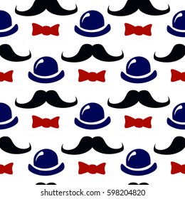 Vector illustration with abstract masculine attributes on the color background. Hipster style. The art of a true gentleman. Hat, mustache, tie different sizes on a colored background.
