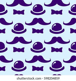 Vector illustration with abstract masculine attributes on the color background. Hipster style. The art of a true gentleman. Hat, mustache, tie different sizes on a colored background.