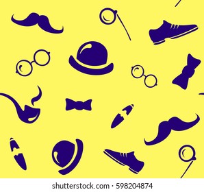 Vector illustration with abstract masculine attributes on the color background. Hipster style. The art of a true gentleman. Glasses, hat, boots, cigar, tie different sizes on a colored background.