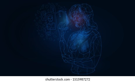Vector illustration abstract mash line low polygonal geometric shapes wireframe girl businessman speaks on the device phone. Concept of connection and communication .Isolated 
 poly on dark background