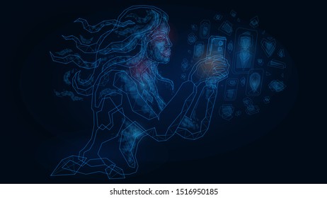 Vector illustration abstract mash line low polygonal geometric shapes wireframe girl businessman speaks on the device phone. Concept connection and communication .Isolated poly on dark background