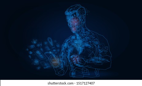 Vector illustration abstract mash line low polygonal geometric shapes wireframe boy man with  in hand  device phone.Concept connection and communication.Isolated poly on dark background