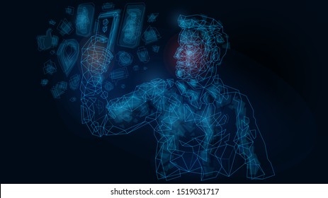 Vector illustration abstract mash line low polygonal geometric shapes wireframe boy man with  in hand  device phone.Concept connection and communication.Isolated poly on dark background