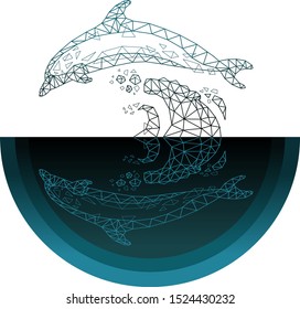 Vector illustration abstract mash line low polygonal geometric shapes wireframe dolphin jumps out of the water .Concept wildlife and marine life.Isolated poly on dark background