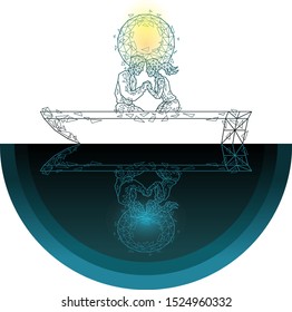 Vector illustration abstract mash line low polygonal geometric shapes wireframe couple lovers floats in a boat, background of the moon,sun.Concept romance and love .Isolated poly on dark background