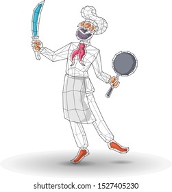 Vector illustration abstract mash line low polygonal geometric shapes wireframe chef cook bearded with knife and frying pan,i apron,red scarf.The concept of beverages and food products and kitchen.