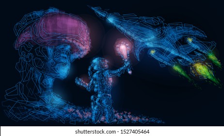 Vector illustration abstract mash line low polygonal geometric shapes wireframe virtual reality space game, spaceship landing,character controls spaceship , helmet glasses VR .Concept high technology