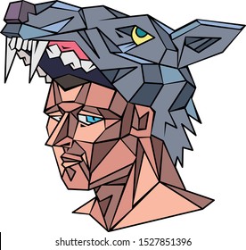 Vector illustration abstract mash line Isolated  low poly polygonal geometric shapes wireframe young man in a mask toothy jaws of a wolf head 