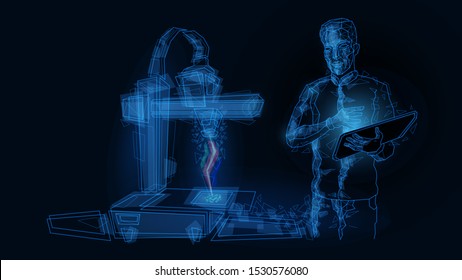 Ilustración vectorial línea de mezcla abstracta formas geométricas poligonales bajas estructura alambrada obra de ingeniería técnica impresión en una impresora 3D.Concepto de alta tecnología