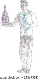 Vector illustration abstract mash line low polygonal geometric shapes wireframe architect holds in his hand project of a house skyscraper. Concept Architecture and Construction